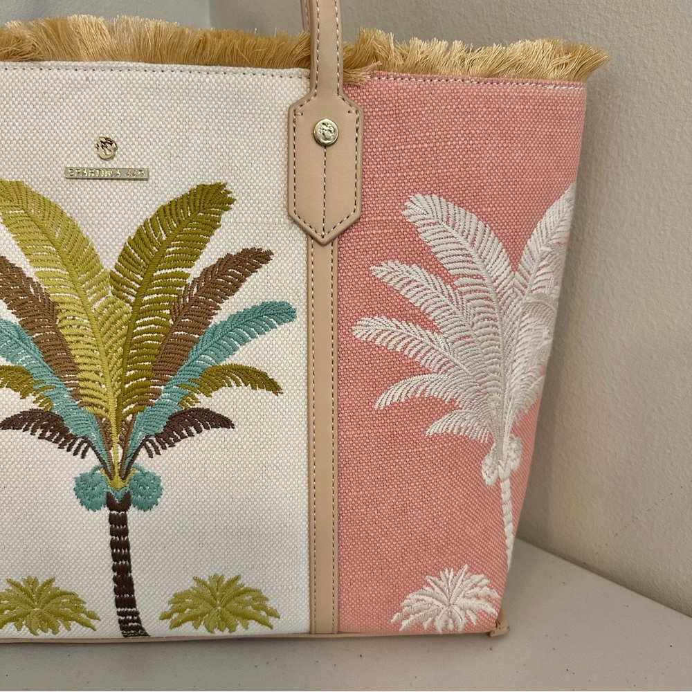 Spartina 449 Palm Tote Bag Embroidered Canvas Leather Trim Fringe Top Coastal - Picture 2 of 11